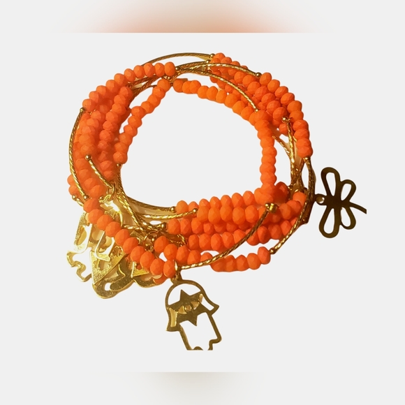 Orange bohemian gold charms hamsa, elephant, Clover butterfly stretch bracelets - Picture 4 of 4